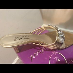 Gold sequined slip on sandals with kitten heels